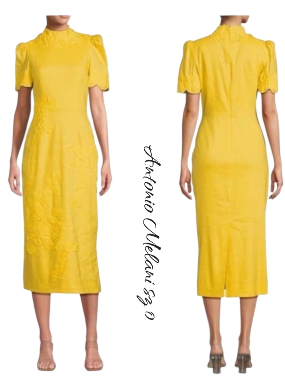 Antonio Melani Willow Floral Applique Mock Neck Midi Dress Yellow Sz 0 NWT